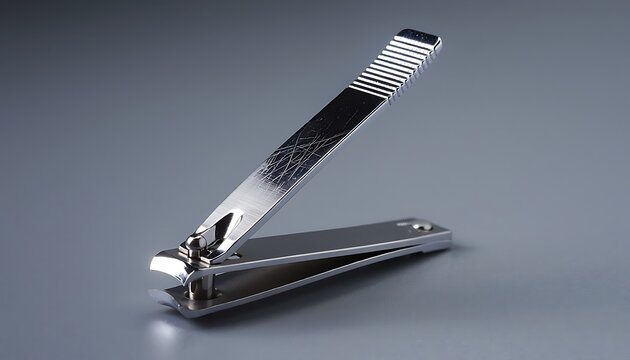 Close up of a silver nail clipper isolated on a smooth gray background