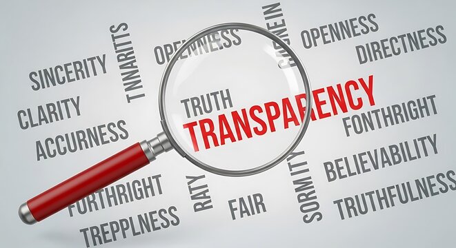 A magnifying glass focusing on transparency surrounded by related words like truth, sincerity, and clarity, symbolizing investigation and honesty in business or education.