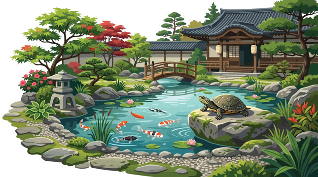 Traditional Japanese garden with a stone bridge over a koi pond and a turtle resting on a rock isolated on white background
