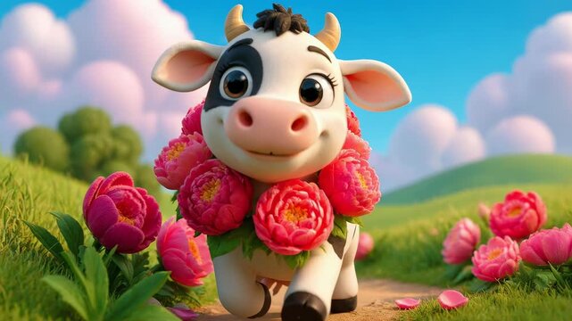 A cheerful cartoon cow adorned with a vibrant wreath of pink peonies trots joyfully through a lush sunlit meadow, showcasing a charming scene of springtime happiness and delightful rural beauty.