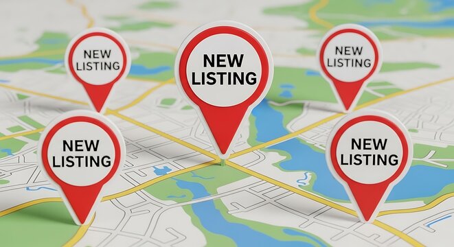 A vibrant digital map showcasing multiple red pushpins labeled New Listing, ideal for real estate marketing, property websites, and business presentations.