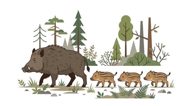 Wild boar mother walking through forest with three cute piglets in flat vector illustration style isolated on white background