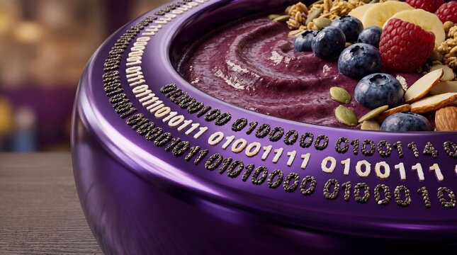 Vibrant purple acai bowl, healthy breakfast with fresh berries and granola, digital binary code pattern, nutritious superfood meal, modern wellness and technology concept