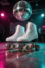 White roller skates under a mirrored disco ball on a polished wooden rink