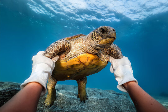 Careful rescue sea turtle in clear blue ocean during  bright day in  coastal region.
hand in gloves holds  turtle gently. Sunlight shines through water, creating beautiful patterns. turtle appears cal