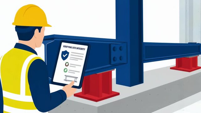 A construction inspector in a yellow hard hat and high visibility vest stands beside a structural beam, examining site integrity with a digital tablet to ensure professional building standards.