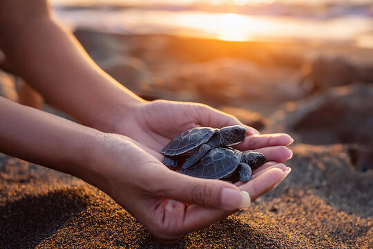 Turtles in hands during sunset on the beach as they prepare for their first journey into ocean. sun sets in background, casting warm light over sand and sea. People often help turtles find their way