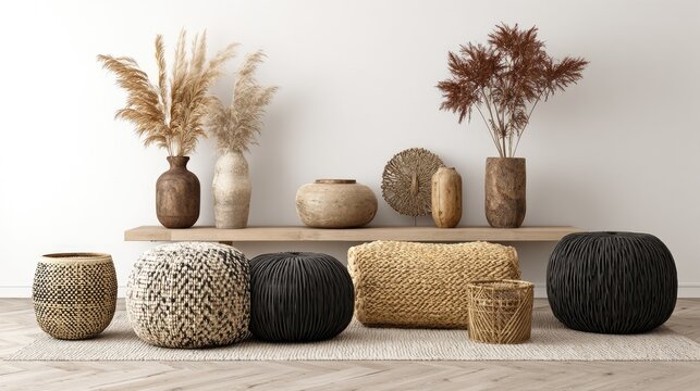 Arrangement of natural texture home decor items displayed on a floating shelf and floor