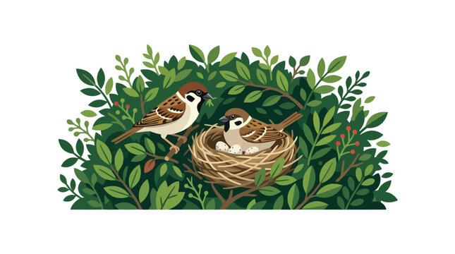 Two sparrows tending to nest with eggs in a lush dense green bush isolated on white background