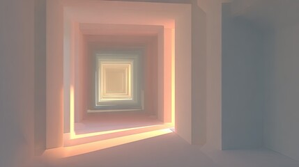 Repeating square frames create an optical illusion of infinite depth within a softly lit interior