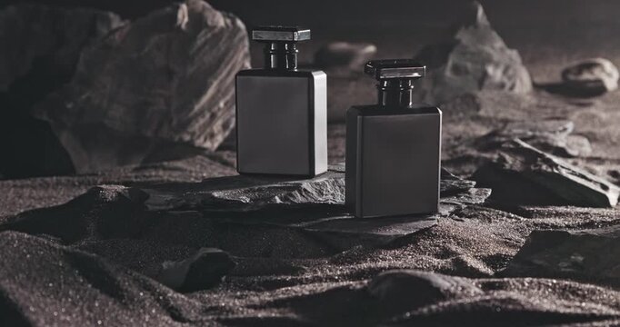 Sophisticated blue perfume surrounded by harsh volcanic desert.