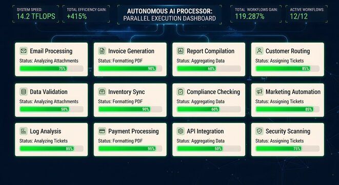 Autonomous ai parallel execution dashboard with workflow status indicators artificial intelligence