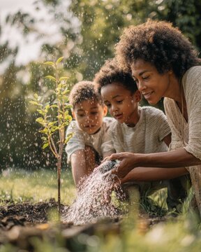 A joyful interracial mother (African American and White heritage) teaching her two kids how to water a young tree in the garden. Symbol of growth and care. 