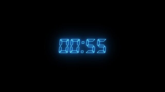 60 second futuristic neon blue digital countdown timer with glowing led segment numbers for streaming and sports. 4k