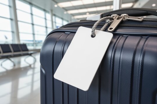 Suitcase with blank luggage tag in airport terminal mockup for travel branding