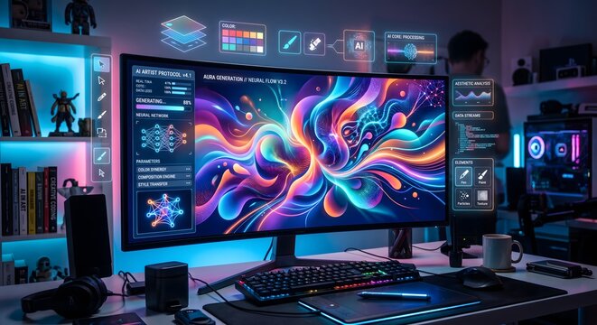Computer screen vibrant ai-generated abstract with glowing circuits and data visualizations