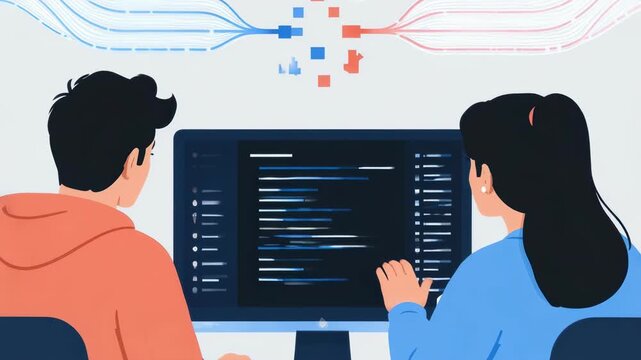 A male and female developer sit before a glowing computer monitor, engaged in collaborative coding and technical problem solving within a modern professional digital workspace environment design.