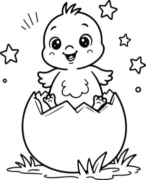 Small baby chick hatching from egg minimalist coloring page for kids