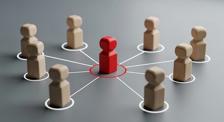 Obraz premium A striking visual of a red leadership figure connected to beige wooden team members, symbolizing teamwork, hierarchy, and collaboration in a modern business setting. Ideal for corporate, marketing, an