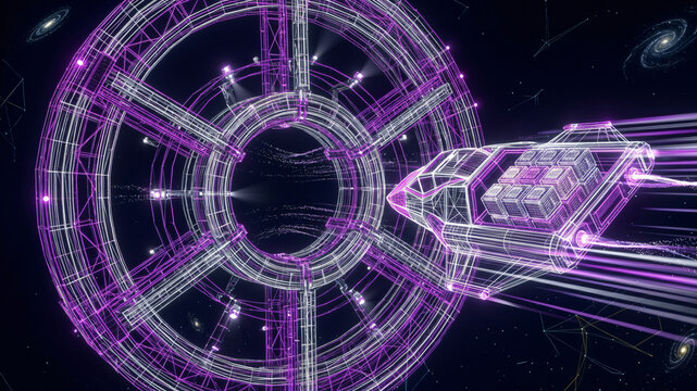 Glowing purple neon wireframe spaceship passing through a hyperspace warp gate