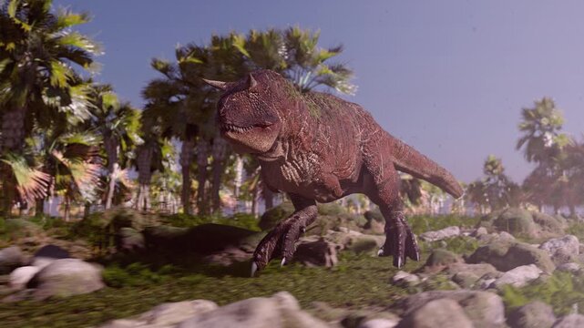 Cinematic 3D animation of a Carnotaurus dinosaur running on the prehistoric landscape