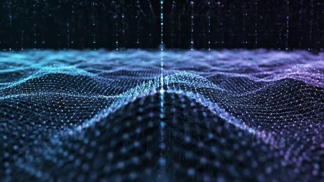 Dynamic abstract data visualization showcasing flowing waves of digital particles in gradients of blue and purple on a dark background