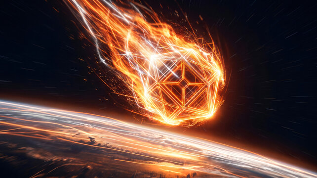 Futuristic neon wireframe polyhedron artifact burning in planetary reentry