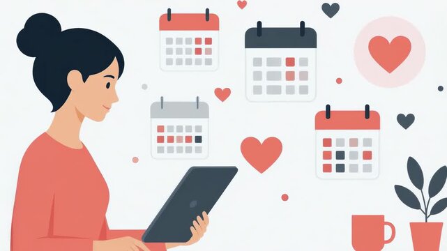 A woman with a dark hair bun sits at a desk tapping on a tablet surrounded by floating calendars and hearts, illustrating a busy lifestyle of managing dates and personal scheduling tasks.