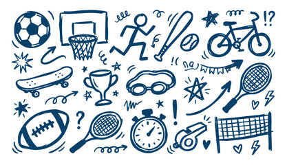 Naklejka premium Cute hand drawn doodle set of various sports equipment including soccer ball basketball skateboard and bicycle in blue vector line art style