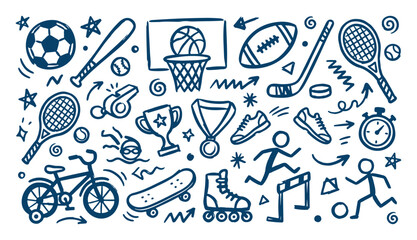 Whimsical hand drawn sports icons doodle set with active figures trophy medal and assorted equipment in blue vector line art style © Arshad