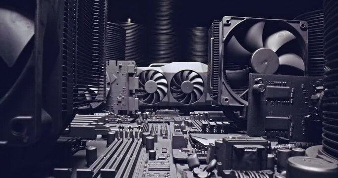 Few motherboards holding CPU, GPU and cooling fans. 