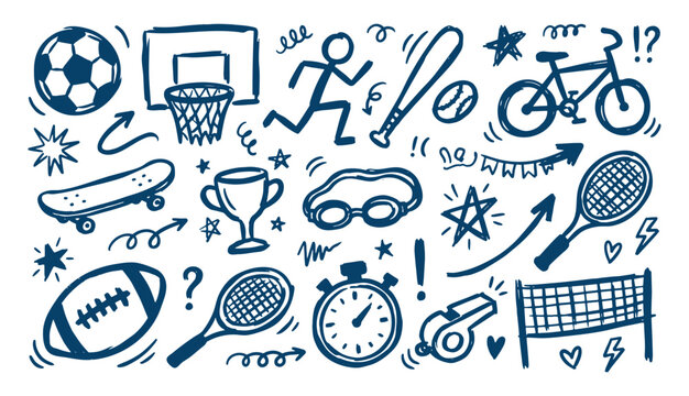 Cute hand drawn doodle set of various sports equipment including soccer ball basketball skateboard and bicycle in blue vector line art style