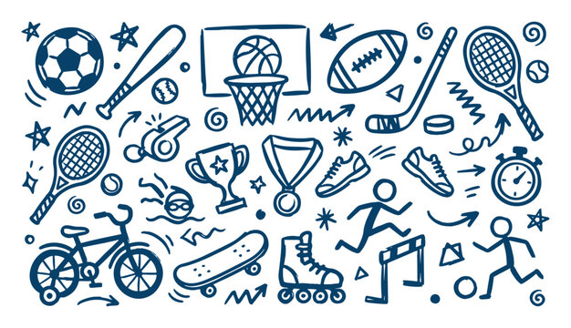Whimsical hand drawn sports icons doodle set with active figures trophy medal and assorted equipment in blue vector line art style