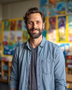 A smiling male teacher standing in a modern, colorful classroom, looking directly into the camera. 
