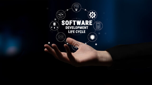 Software Development Life Cycle Concept with Hand Gesture and Iconography Representing Different Stages of Software Development Process Quark.