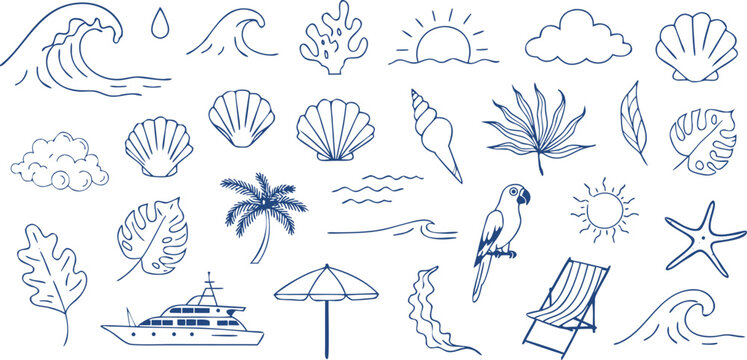 Hand-drawn summer elements collection with tropical plants, sea creatures, and beach holiday essentials