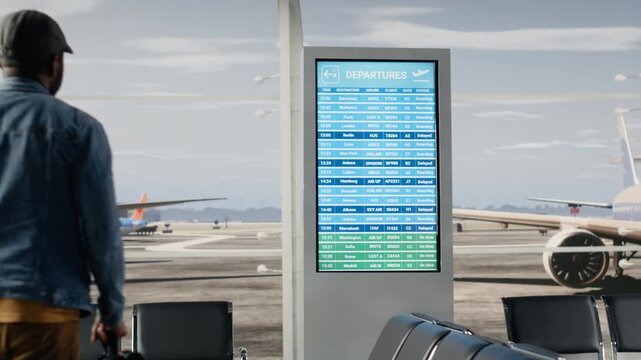 Travelers rushing through busy airport and looking at departure board display. Tourists walking in air transportation terminal, waiting for plane, reading flight timetable information
