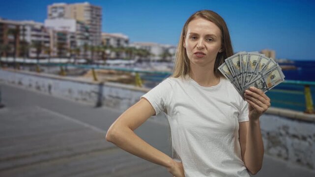 Woman holding fan of dollars, hand on hip, pointing with other hand on street; confidence bragging attitude.