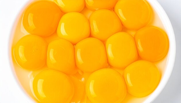 White bowl filled with multiple raw egg yolks, glossy bright yellow‑orange, symbolizing freshness, cooking, baking, and vivid food photography.
