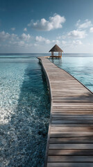 Fototapeta premium Long wooden pier leading to a private overwater bungalow across shallow turquoise water under a tranquil sky, evoking a luxurious tropical escape for peaceful, dreamy holidays