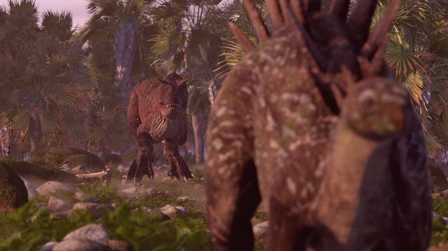 4k 3d animation of Carnotaurus hunts a plated Stegosaurus through a lush fern forest and palm trees. Prehistoric struggle