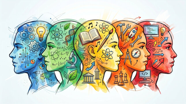 Colorful human head profiles with diverse educational icons for world youth skills day banner and multidisciplinary professional talent growth
