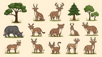 Fototapeta premium Cartoon illustration of various deer species, a wild boar, and different types of trees in a natural setting.