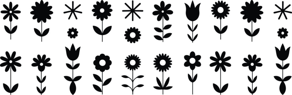 Collection of Black Flower Silhouettes with Stems and Leaves on White Background Keywords: flower, floral, blossom, bloom, nature, garden, plant, botanical, stem, leaf
