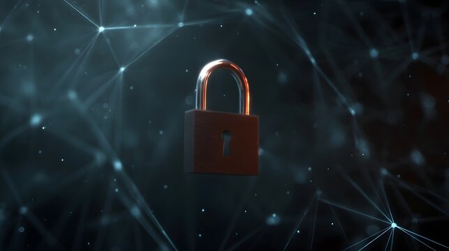 A glowing padlock centered within a dark futuristic network of interconnected nodes and lines symbolizing digital security and protection
