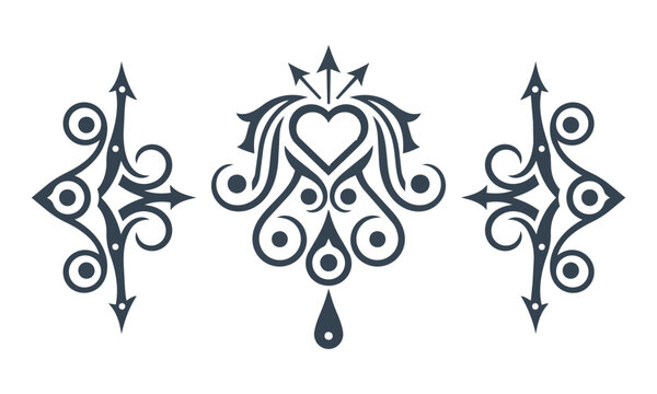Collection of charcoal gothic decorative elements featuring ornate scrollwork, stylized arrowheads, and elegant teardrop finials isolated on white. Ornamental design concept