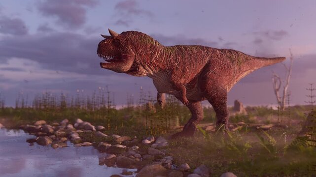 Cinematic 3D animation of a Carnotaurus dinosaur roaring at the prehistoric swamp