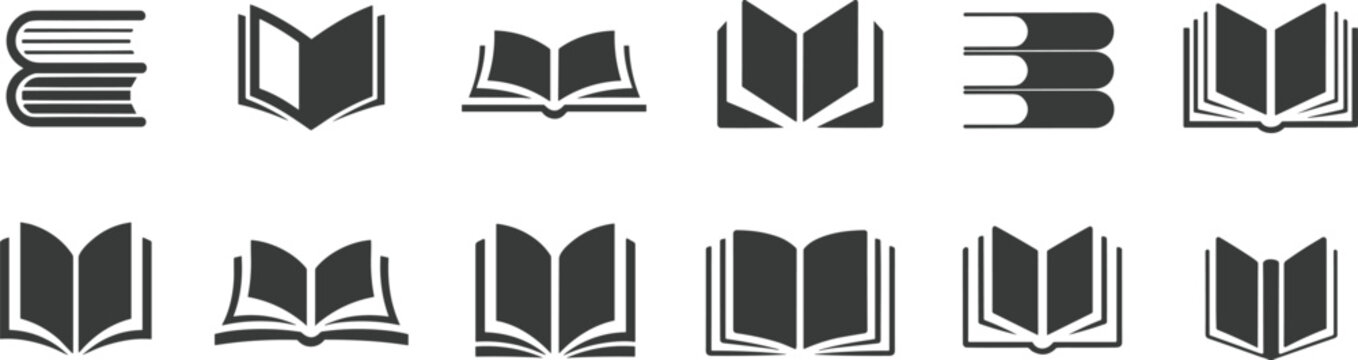 Collection of stylized open and closed book icons in various arrangements Keywords: book, icon, open, closed, stack, literature, reading, education, knowledge, library