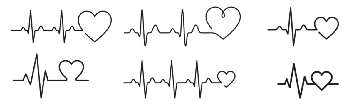 Heartbeat Pulse Line Icon, Set of heartbeat and heart line icons on white background for medical designs