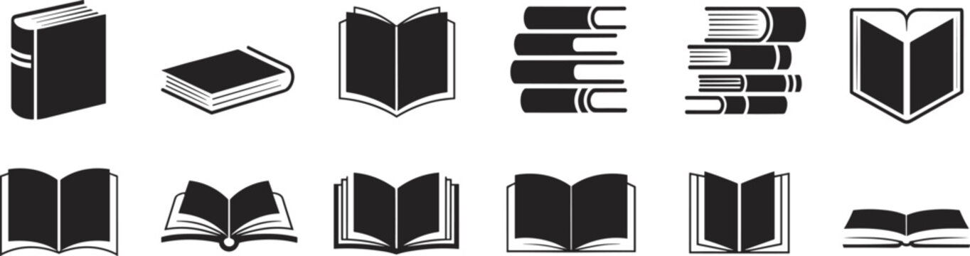 Diverse collection of black book icons depicting open and closed books in different orientations Keywords: book, icon, open, closed, stack, literature, reading